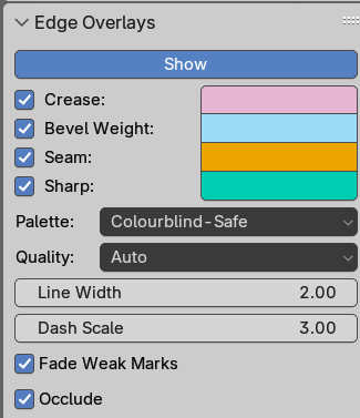 The Edge Overlays panel in the View tab of the sidebar