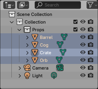 Outliner after running the command: a new collection containing the previously-selected objects