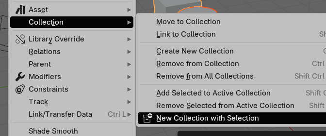 3D viewport Object > Collection submenu showing New Collection with Selection