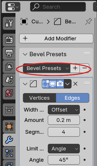 Properties Editor showing the Modifier tab with a tuned Bevel modifier; the Bevel Presets sub-panel's controls row is circled in red
