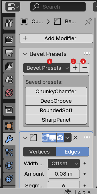 Bevel Presets sub-panel expanded with numbered red markers above the preset dropdown (1), the add button (2), and the remove button (3); several saved presets are listed underneath