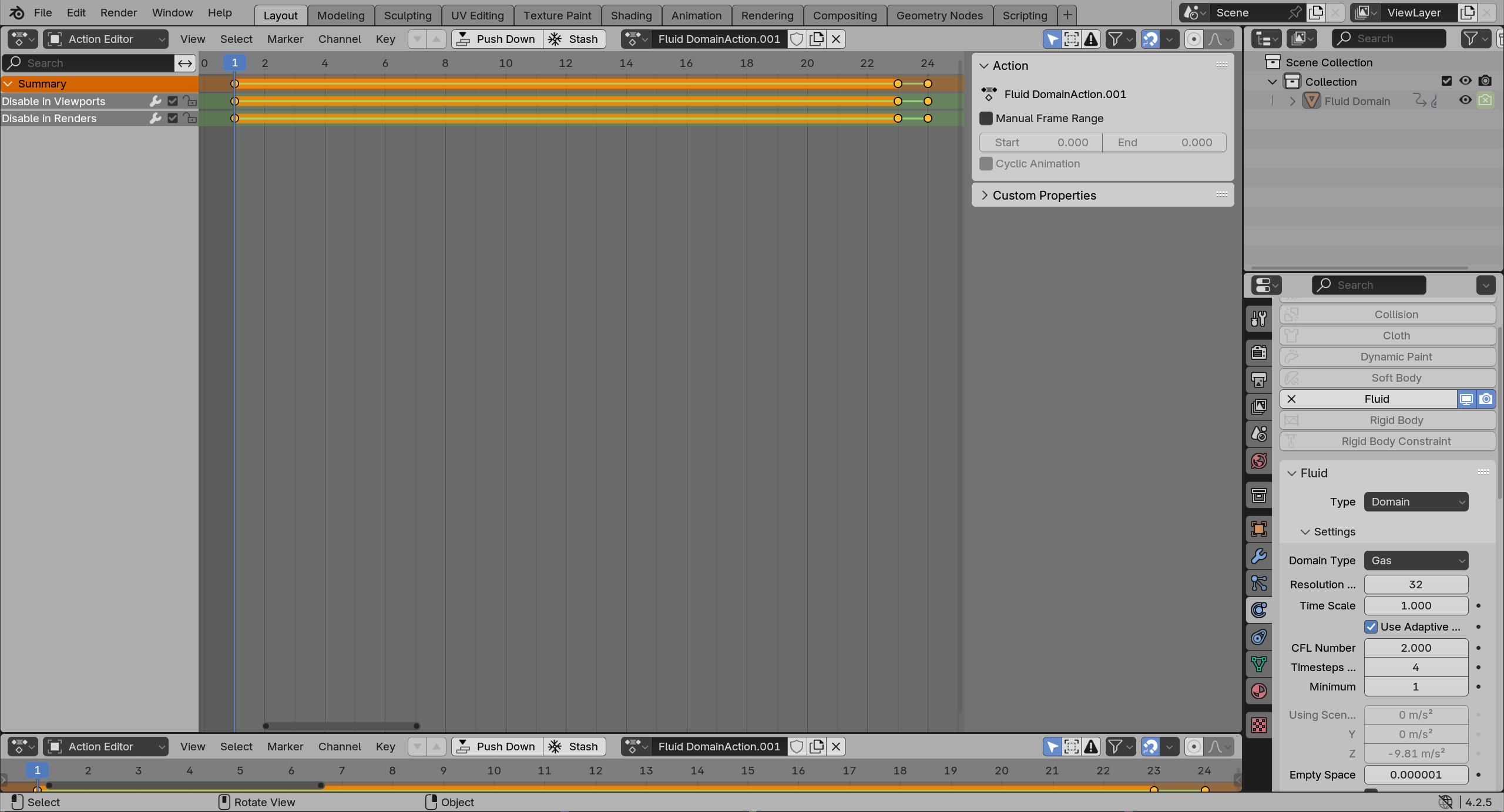 Action Editor showing Disable in Viewports and Disable in Renders FCurves with keyframe diamonds at frames 1, 23, and 24
