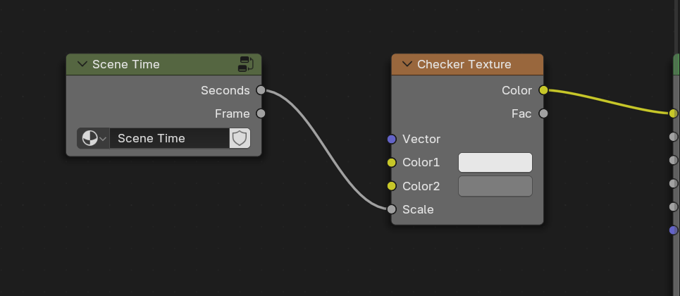 Scene Time Seconds drives Checker Texture's Scale input — direct float-to-float wire