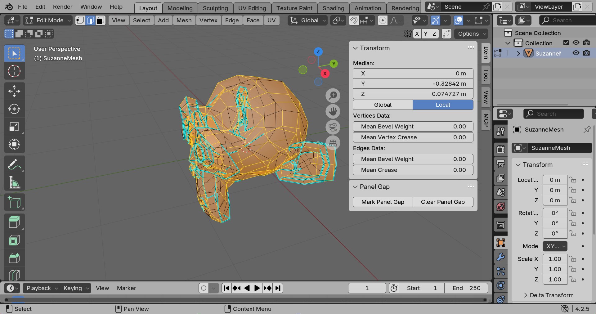 Edit Mode with panel gap edges selected in orange