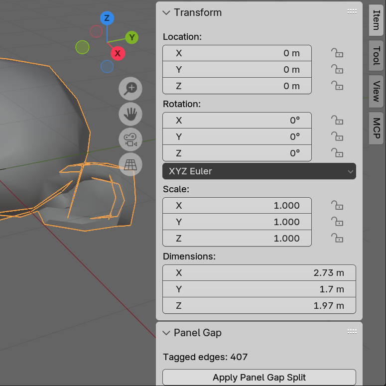 N-panel in Object Mode showing Tagged edges count and Apply button