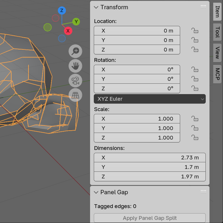 N-panel in Object Mode after apply, showing Tagged edges: 0 and the greyed-out Apply button