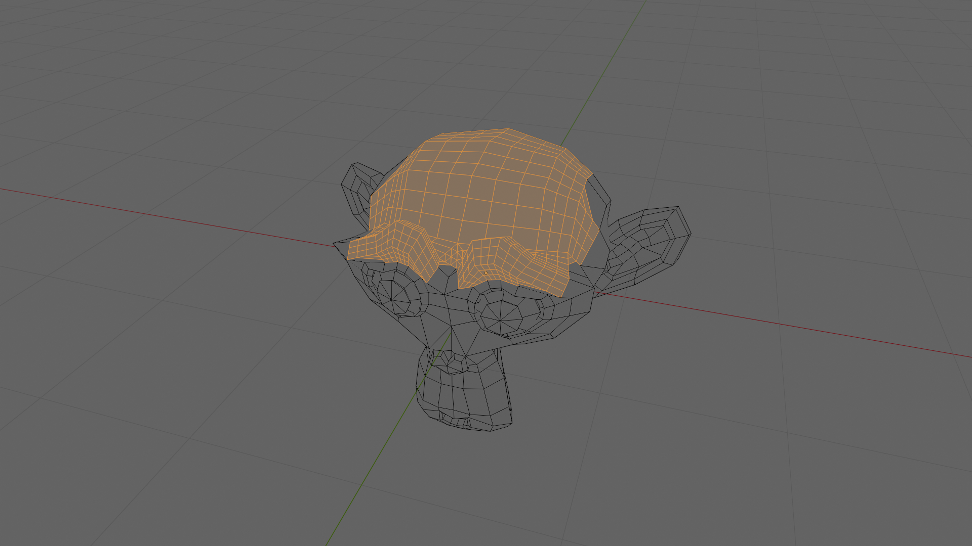 Suzanne after standard Subdivide — the original face cluster and the new midpoint geometry are all still selected