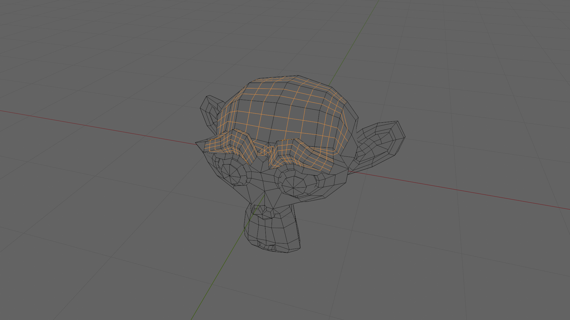 Suzanne after Subdivide (Select New) — only the new midpoint vertices and inner edges are selected, the original faces are deselected